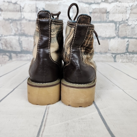 Rocket Dog Chunky Ankle Boot Lace Up Vegan Leather Plaid Fabric Size 6 1/2 Brown - Picture 10 of 12